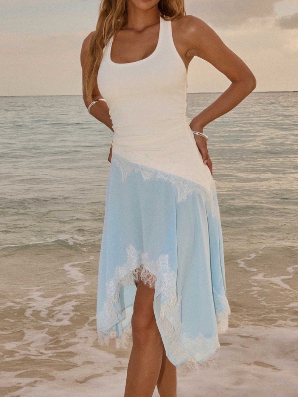 PEPPERMAYO White & Light Blue Lace-Trim Asymmetrical Dress! NEW!